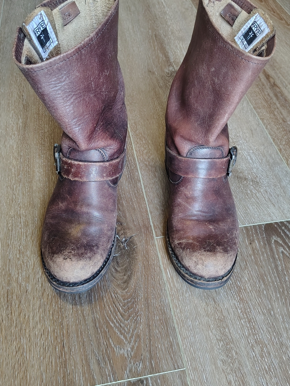 Frye Veronica Distressed Brown Leather Engineer Boots Mid Calf Size 6.5